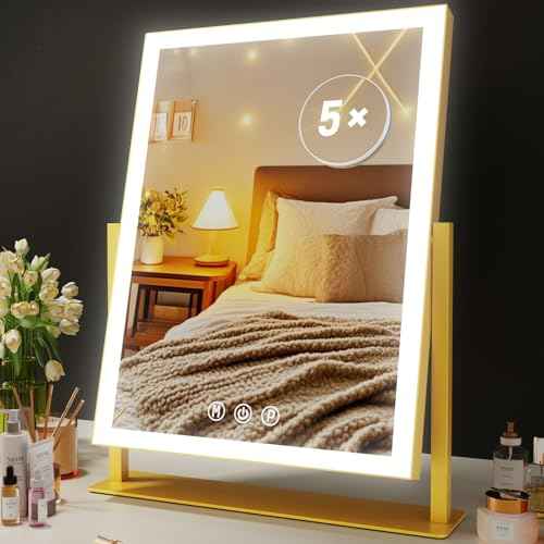 Makeup Vanity Mirror with Lights 17.2" Large LED Lighted Mirror, Hollywood Make Up Mirror with Lighting, Smart Touch,Detachable 5X Magnification 360¡Æ Rotation, (Gold,Gift Box)
