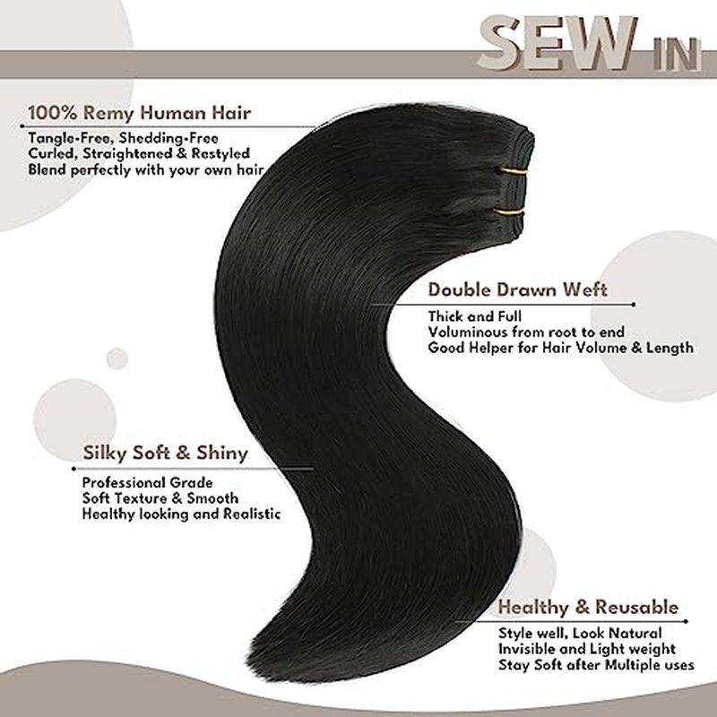 Sew in Hair Extensions Real Human hair, Silky Soft &Shiny Double Drawn Weft Hair Extensions human hair, Thick ends&Tangle Free Human hair extensions sew in,100g Straight Natural Black,16 inch