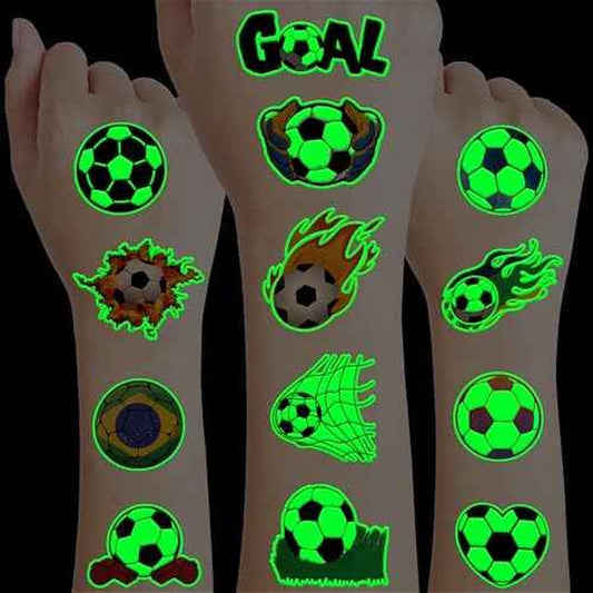 96 PCS Soccer Ball Pre-Cut Luminous Glow in The Dark Temporary Tattoos Themed Birthday Party Decorations Favors Supplies Decor Europa Sports Tattoo Stickers Gifts For Game Boys Girls Class School