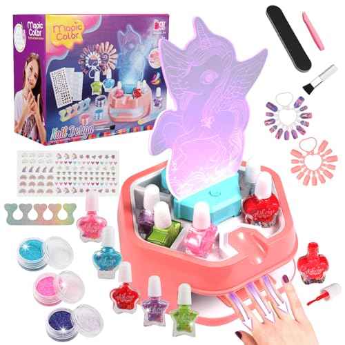 Fostro Unicorn Water-Based Nail Art Kit for Girls 6-12 | Complete Salon Set with Mini Dryer, Press-On Nails & Stickers | Non-Toxic Toy Gift Set (Set)