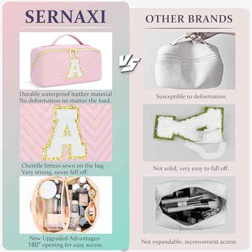 Makeup Bag Travel Toiletry Bag, Personalized Initial Pink Makeup Bag, Gift for Women Gils, Large Capacity Leather Cosmetic Bags, Waterproof Open Flat Organizer for Christmas, Halloween & Thanksgiving