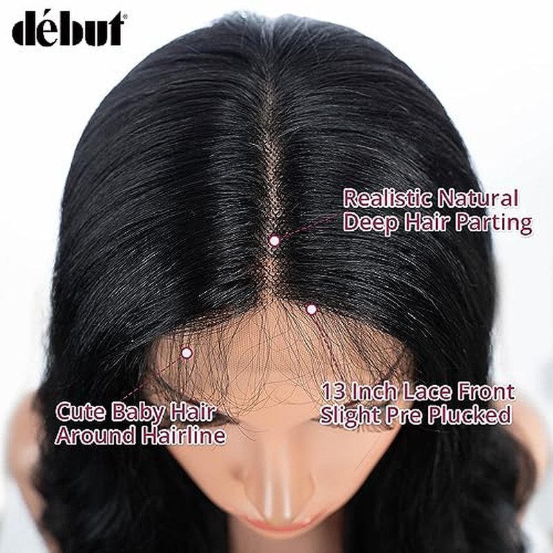 D?BUT 13x4 T Part Lace Front Body Wave Synthetic Wig Extra Long Wavy Middle Part Wigs Pre Plucked Hairline with Baby Hair 36 Inches 1B Color