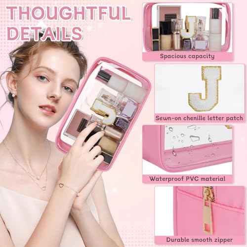 Personalized Initial Clear Makeup Bag, Travel Chenille Patch Cosmetic Bag, Preppy Toiletry Bag Monogram Cosmetic Pouch with Zipper, Ideal Gift for Teen Girls Women (Pink, J)