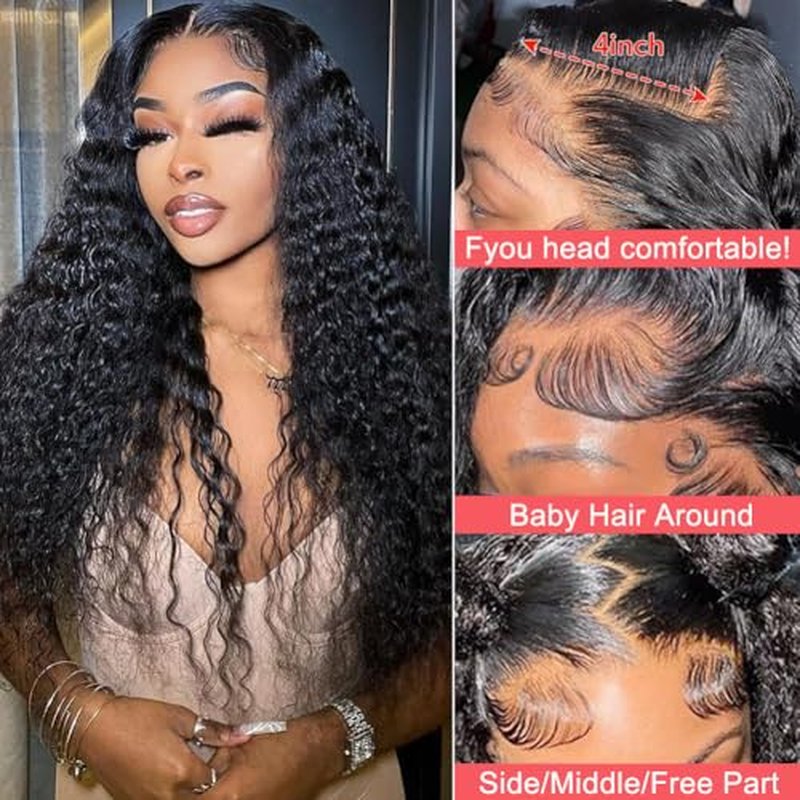 Deep Wave Lace Front Wigs Human Hair 200% Density 13x4 HD Curly Lace Frontal Glueless Wigs for Women Pre Plucked Deep Wave Natural Color (18 Inch)