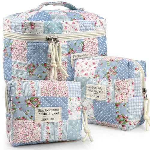 Cute Quilted Floral Makeup Bag(3Pcs)£¬Coquette Aesthetic Cosmetic Bag£¬Travel Toiletry Bags£¬ Kawaii Aesthetic pouch for Women (64-GridRose)