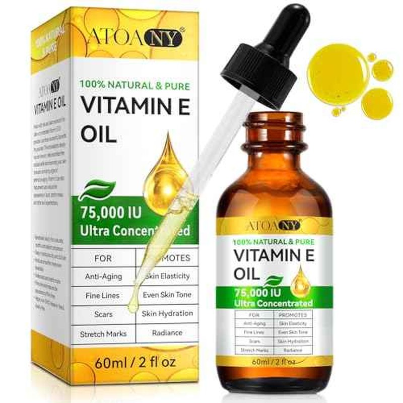 Vitamin E Oil,Natural Vitamin E Oil for Skin 75,000 IU, Organic Pure Vitamins E Oils for Skin Face,Body Bath Moisturizing and Winkles,Reduce Fine Lines & Scars 2Fl Oz