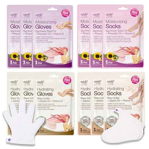 Epielle Hydrating & Moisturizing Hand & Foot Masks for Dry, Rough Skin, Self Care Gifts for Women, Spa Kit, Stocking Stuffers, Thanksgiving Essentials, 6 Moisturizing Gloves & 6 Moisturizing Socks