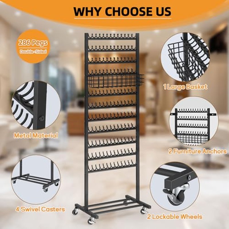 2-Sided Braiding Hair Rack with Wheels, Standing Hair Extension Holder with Salon Tray, Braiding Rack Stand for Hair, 286 Pegs Hair Racks for Braiders Standing,