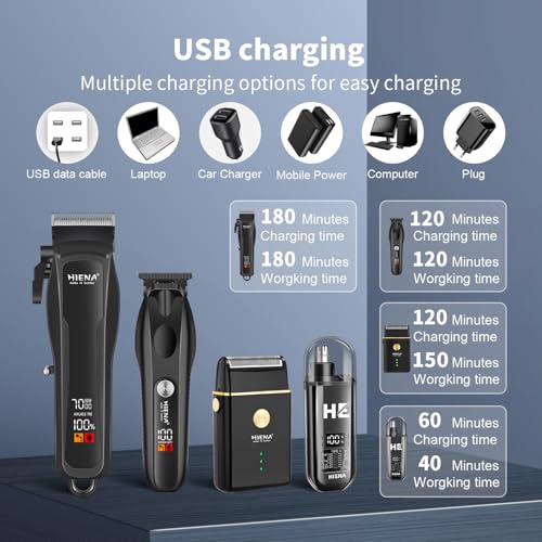 HIENA PRO Hair Clippers for Men Professional, Cordless Barber Clipper & T-Blade Beard/Hair Trimmer Set, Electric Razor Foil Shaver Nose Trimmer Barber Kit, Men's Hair Cutting Kit with LED Display