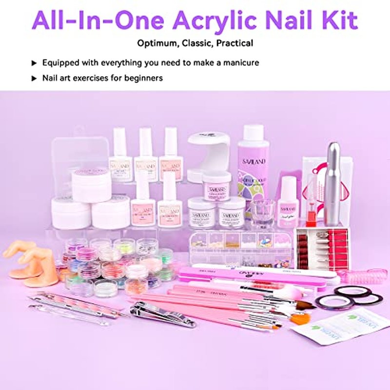 Saviland Acrylic Nail Kit with Drill ? Nail Kit Acrylic Set for Nails Extension with Brush Gel Polish Builder Nail Gel Portable U V Light for Home DIY