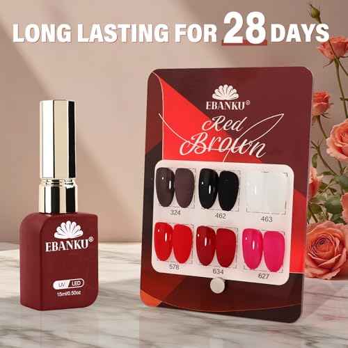 EBANKU 6 Pcs 15ML Red Gel Nail Polish Set- Dark Red Burgundy Gel Polish Same Color Same Bottle Soak Off Gel Polish Kit Nail Art Manicure Christmas Gifts for Women (Dark Red White Black Brown)