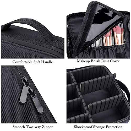 JOURMON Travel Makeup Bag, Large Capacity Cosmetic Train Case for Women Portable Pouch Open Flat Artist Brushes Toiletry Jewelry Digital Organizer Storage Bag with Adjustable Dividers (Black,S)