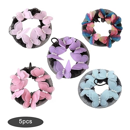 5pcs Colored Elastic Hair Net Bun Covers for Girls Women Kids Medium Sized Hair Mesh with Butterfly Flowers Deco Dance Skating Snood