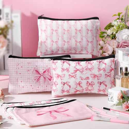 Kacctyen 9 Pcs Pink Bow Makeup Bag for Women Coquette Cosmetic Bag Bulk Preppy Pouch Coquette Gift with Zipper for Birthday Paty Favor Girls Travel Storage Accessories