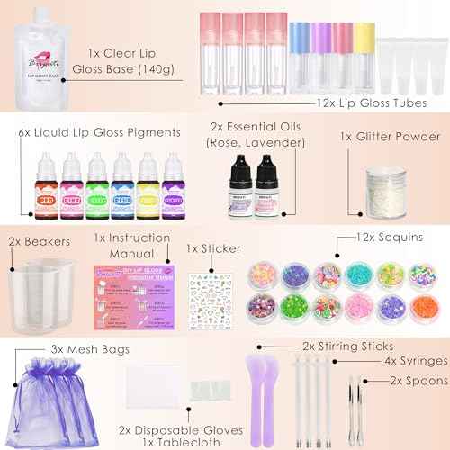 DIY Lip Gloss Making Kit - All-in-One to Make Your Own Lip Care Gloss Set with Clear Base, Pigments, Glitter, Tubes, Fun Creative Gift for Women Girls Makeup Lovers in Christmas Birthdays