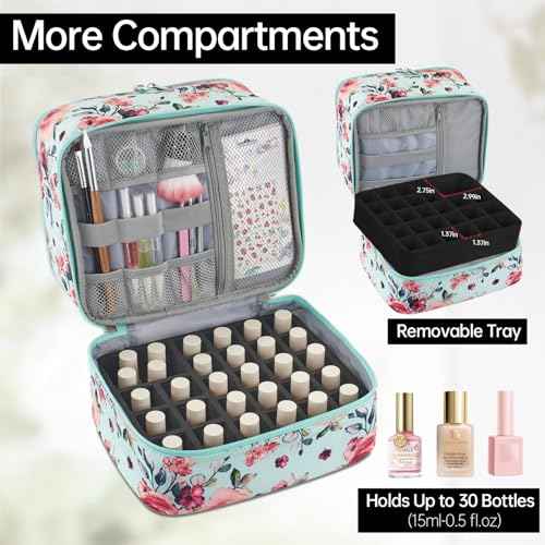 Buruis Double-Layer Nail Polish Organizer Bag, Holds 27 Bottles (15ML/0.5 FL.OZ or Larger), Nail Tools & Dryer Storage Case with Adjustable Dividers (Aqua Floral)