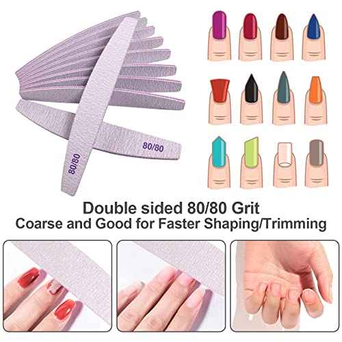 80/80 Grit Nail Files (10 Pack), Emery Boards for Acrylic Nails and Gel Nails, Coarse Nail File Double Sided 80 Grits Emory Professional Nail Filers Reusable Washable Manicure Curved Gray