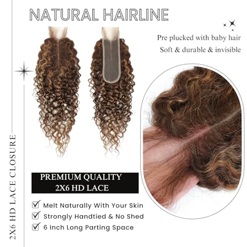 ALHER Long Deep Part 2x6 Closure Water Wave Honey Blonde Highlight, Ombre Brown and Blond Wet and Wavy 2x6 Kim K Lace Closure Pre Plucked With Baby Hair, #P4/27 Color Real Human Hair Closure 12 Inch
