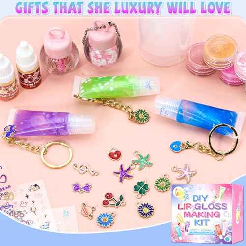 WhizToys DIY Lip Gloss Making Kit£¬Make Your Own Lip Glosses Set Clear Base Lipgloss Keychain Making Kit for Makeup Lover Beginner Teen Girl Gifts£¬Stuff for Girls 10-12