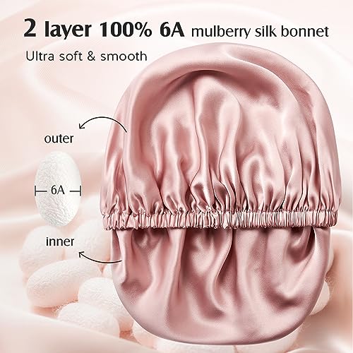 YFONG Double Layered 100% Silk Bonnet for Sleeping Women, 22 Momme Pure Mulberry Silk Sleep Cap with Adjustable Elastic Band Stay On Head£¬Reduce Frizz, Keep Hairstyle, Soft & Breathable, Pink, M
