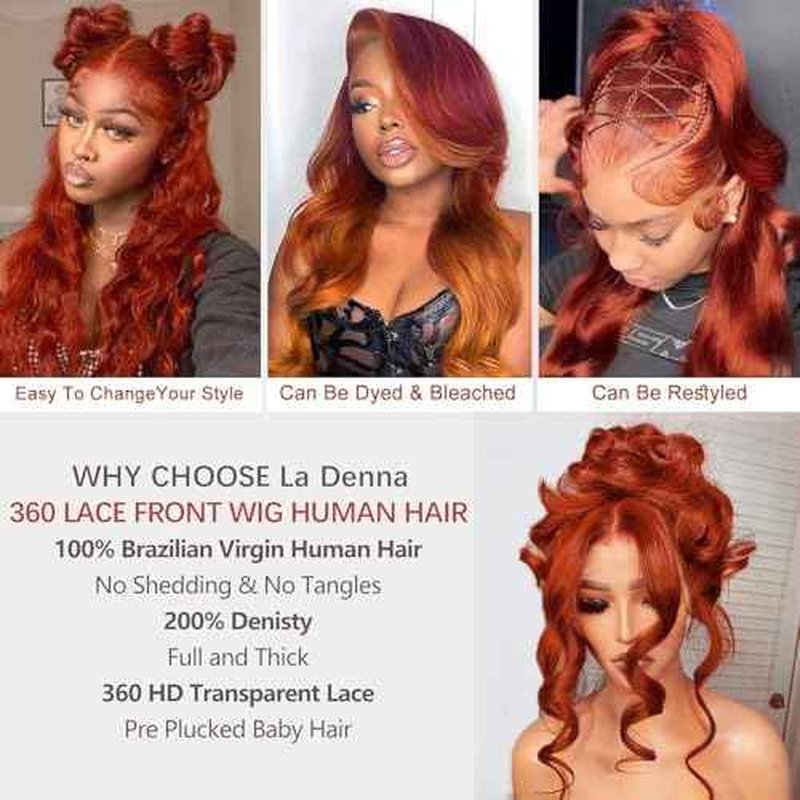 Reddish Brown 360 Body Wave Lace Front Wigs Human Hair 200% Density Pre Plucked Ginger Brown Human Hair Lace Front Wigs HD Transparent 360 Lace Frontal Colored Wigs Human Hair for Women 24 inch