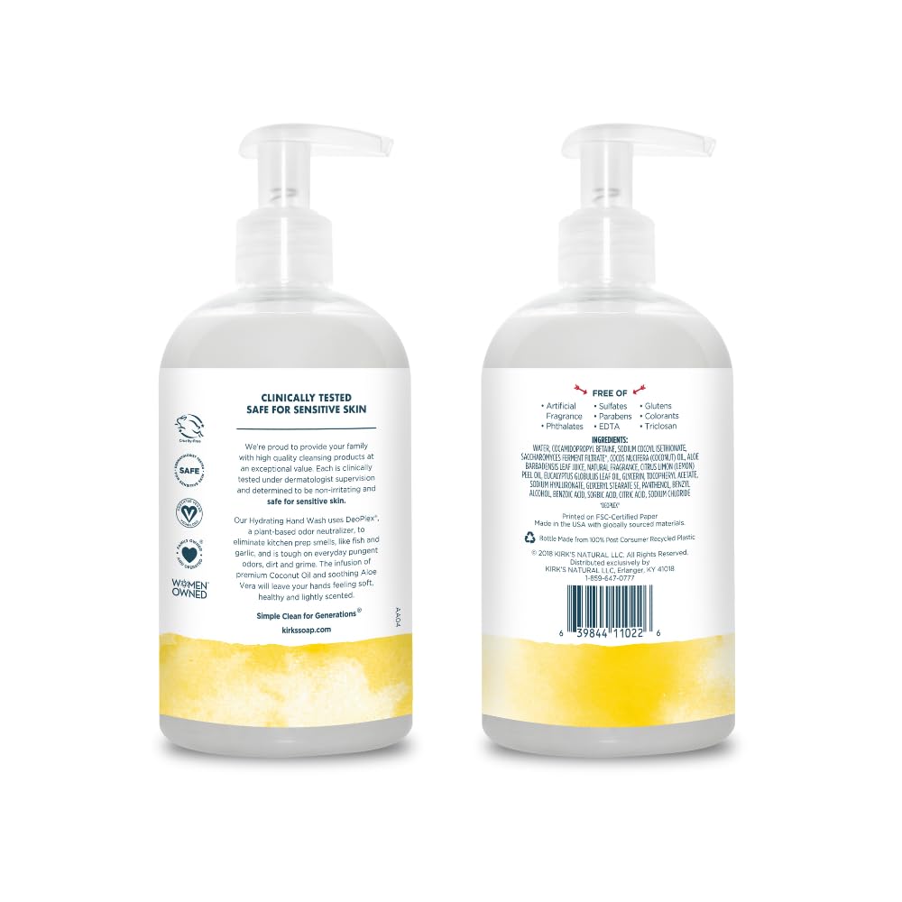 Kirk's Hydrating Hand Wash - Coconut Oil & Aloe Vera Formula | Odor Neutralizing, Vegan, 12 Fl Oz (4 Pack)