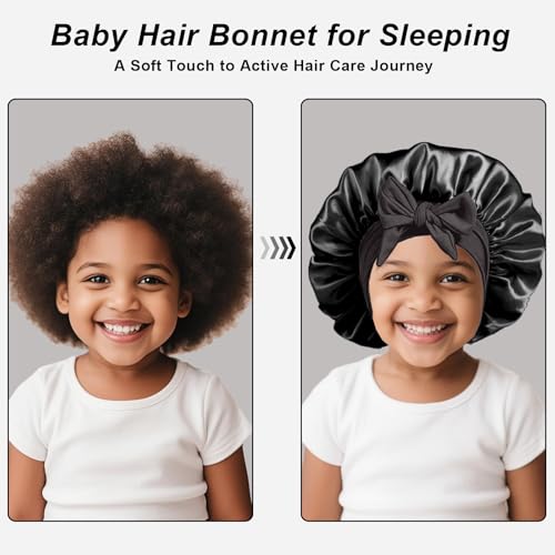 3 Pcs Kids Silk Bonnet for Sleeping - Baby Satin Bonnet for Sleep,Kids Hair Bonnets for Curly Hair Girls Boys with Wide Elastic Band,Sleeping Cap for Teens Toddler Child (Pink+Black+Light Blue)