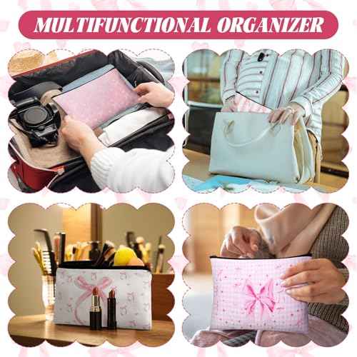 Kacctyen 9 Pcs Pink Bow Makeup Bag for Women Coquette Cosmetic Bag Bulk Preppy Pouch Coquette Gift with Zipper for Birthday Paty Favor Girls Travel Storage Accessories