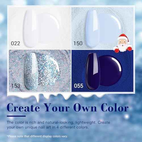 AZUREBEAUTY Christmas Dip Powder Nail Kit Winter White Navy Blue Glitter 4 Colors Acrylic Dipping Powder Liquid Set with Base/Top Coat Activator for French Nail Art Manicure DIY Gift for Women