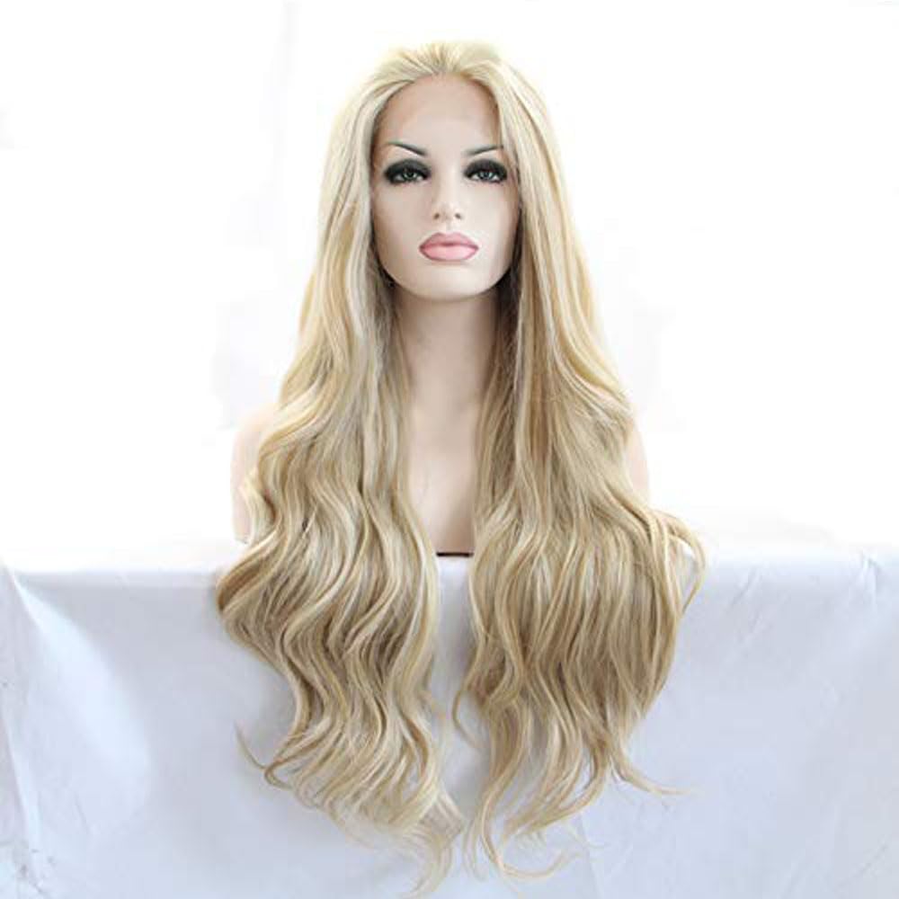 xiweiya Long Mixed Blonde Wavy Wig Highlight Gold Synthetic Lace Front Wigs Body Wave with Heat Resistant Fiber for Women Drag Queen Makeup Everyday Wig 24 inches