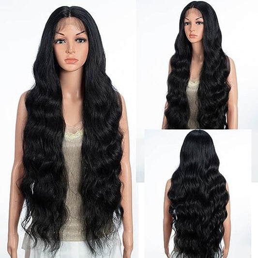 D?BUT 13x4 T Part Lace Front Body Wave Synthetic Wig Extra Long Wavy Middle Part Wigs Pre Plucked Hairline with Baby Hair 36 Inches 1B Color