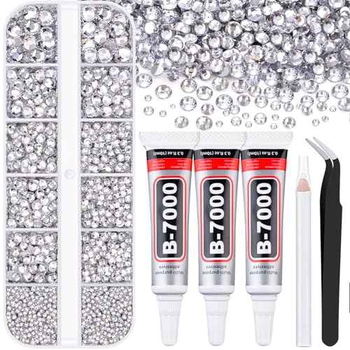 Resin Rhinestones for Crafting with B7000 Jewelry Glue, 1 Box Clear Flatback Crystals with 3Pcs 10ml Glue for Bedazzling Crafts DIY Nail Art Makeup£¬Non Hotfix Gems for Clothing Shoes