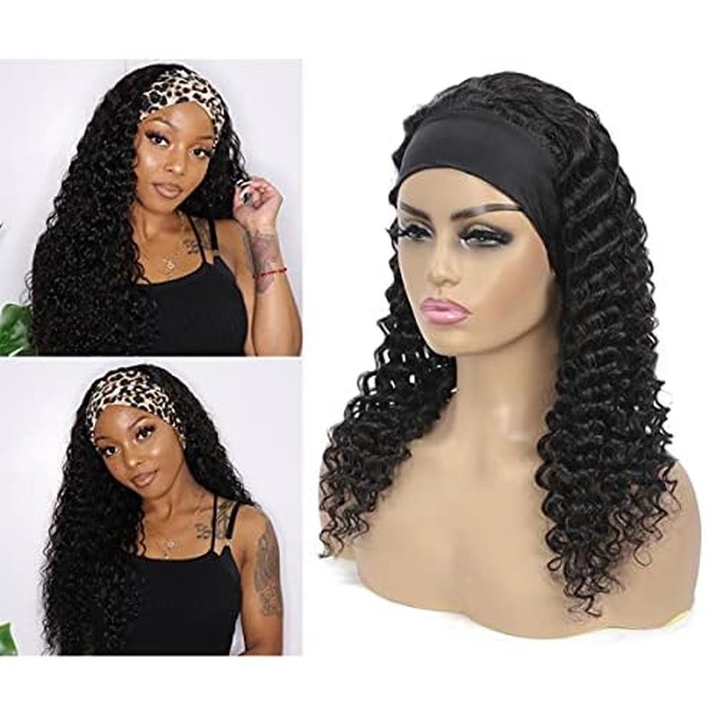 WENYAN Headband Wig Human Hair Deep Wave 16 Inch Wigs for Black Women Glueless None Lace Front Curly Wave Wig Brazilian Virgin Hair Wear and Go Wigs Machine Made 150% Density Natural Color