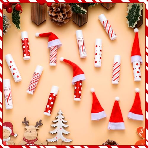 25 Set Christmas Peppermint Flavor Lip Balms Bulk 25 Pcs Candy Flavor Lip Balms & 25 Pcs Mini Santa Hats Cute Xmas Decoration Christmas Party Favor Stocking Stuffer Gifts for Coworker Staff Employee