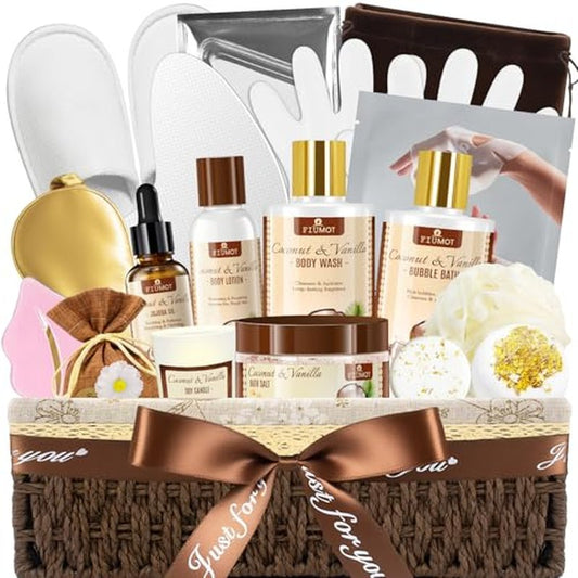 Bath and Body Gift Basket Set for Women - Coconut Vanilla Spa Gift Basket - Premium 21?Piece Luxury Bath & Body Gift Set for Self Care - Gift ready for Mothers Day, Christmas, Birthday Gifts