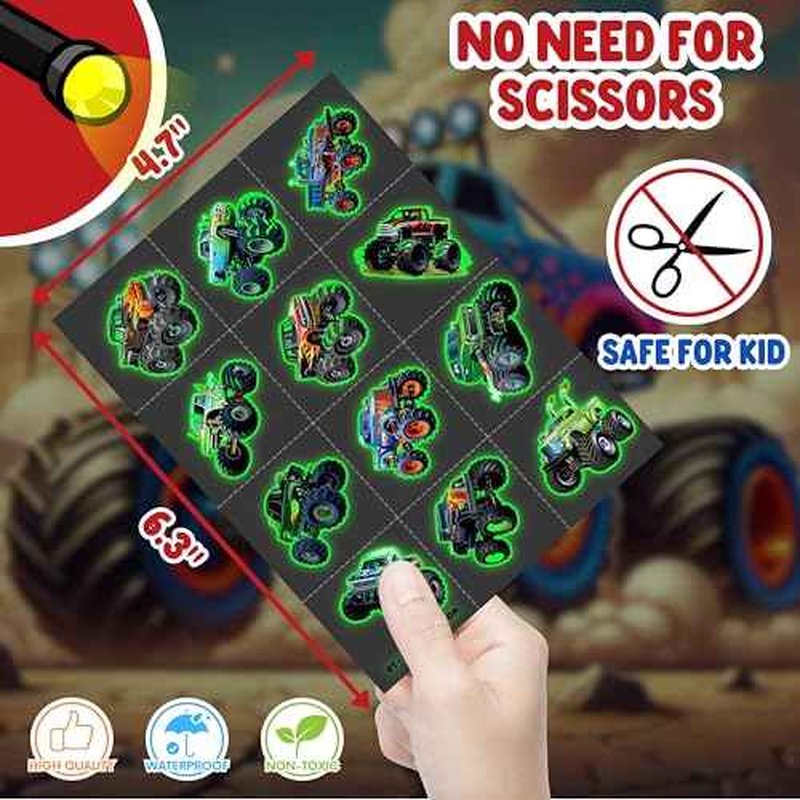 96PCS Monster Truck Pre-Cut Temporary Tattoos for Kids - Super Cute Birthday Party Supplies, Favors, and Decorations - Fake Tattoos Stickers for Boys, School Rewards, and Gifts (Luminous)
