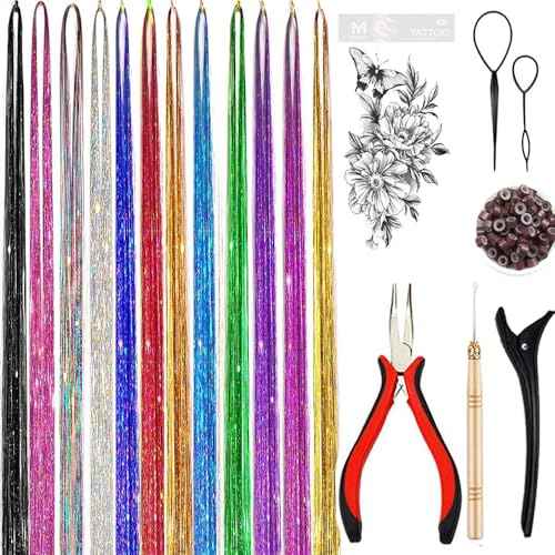 AMchoice Hair Tinsel Kit with Tools 12 Colors 3000 Strands Fairy Hair Tinsel Heat Resistant Sparkling Shiny Tinsel Hair Extensions 48 Inch Colorful Hair Tinsel strands Kit