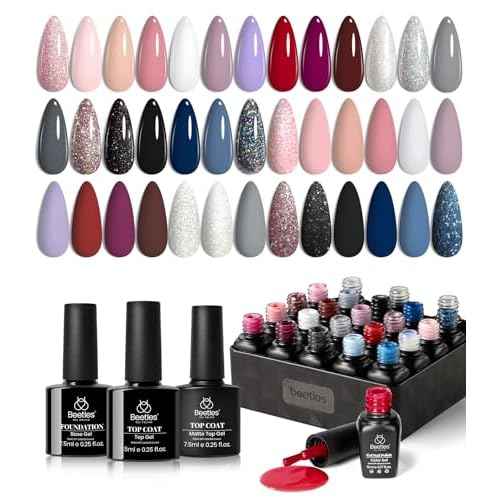beetles Gel Polish Kit, Nude Gray Pink Blue Burgundy Glitter Gel Polish Set Modern Muse Collection with 3Pcs Base Matte Glossy Top Coat Soak off Uv Gel for Women