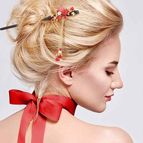 Waydress 4 Pcs Asian Hair Stick Accessories for Women Chinese Japanese Hair Chopsticks Clips Retro Geisha Red Wooden Cherry Hairpins Handmade Flower Tassel Geisha Costume for Girl(Classic Style)