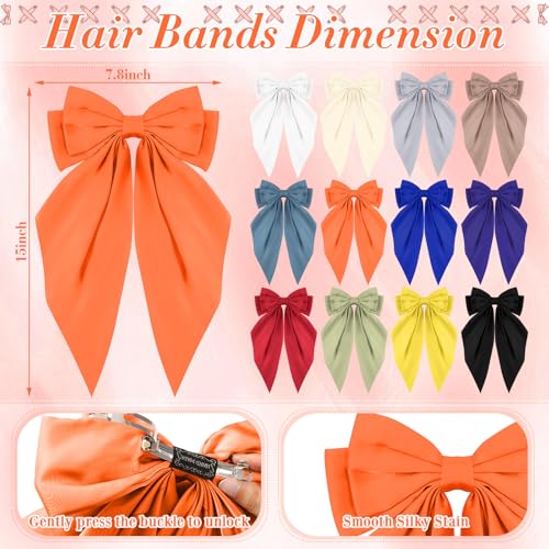 Hoteam 12 Pcs Silky Satin Oversized Hair Bows Bulk Big Hair Bows for Women Long Tail Large Bowknot Barrettes Hair Barrettes Clips Ribbon Bows Hair Accessories Gifts (Vibrant)