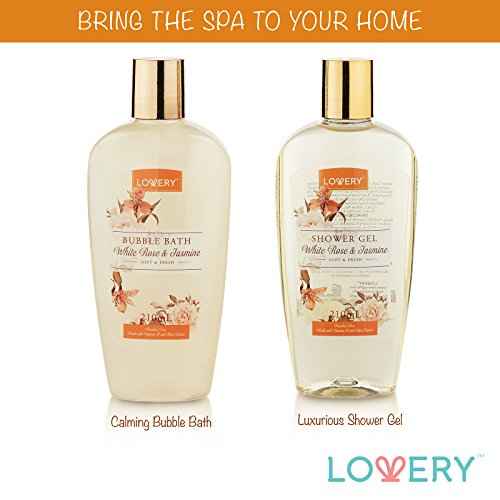 Home Spa Gift Basket - White Rose & Jasmine - Luxurious 11pc Bath & Body Set For Men & Women, Contains Shower Gel, Bubble Bath, Body Lotion, Scrub, Bath Salt, 4 Bath Bombs, Loofah & Basket
