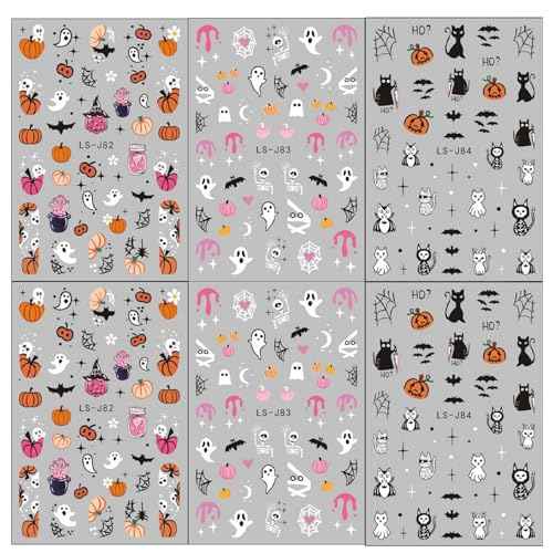 Halloween Nail Art Stickers Cute Ghost Pumpkin 3D Self-Adhesive Nail Decals Bat Cat Skull Designs Nail Decorations Halloween DIY Manicure Supplies for Women Girls&Kids 6Pcs