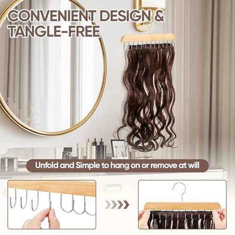 ¡¼2 Pack¡½ Wood Hair Extension Holder for Hair Storing, Washing, Drying, Coloring, Styling, Foldable Belt Hanger, Rotating Multi-Purpose Hooks Hanger, Hanging Closet Organizer