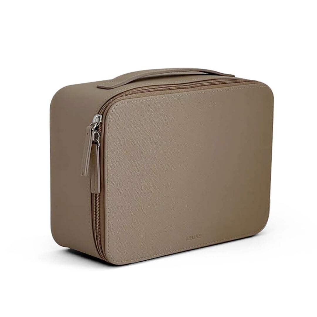 MELINE Leather Makeup Bag with Brush Holder,Travel Cosmetic Case for Women,Large Capacity Waterproof Toiletry Bag with Handle,Stylish and Durable Makeup Organizer (Taupe)