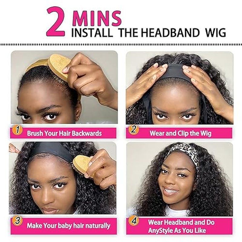 Kinky Curly Headband Wig Human Hair 14 Inch Headband Wigs for Women Human Hair Glueless None Lace Front Curly Wave Wigs Brazilian Virgin Hair Wear and Go Glueless Wig 150% Density Natural Black Color