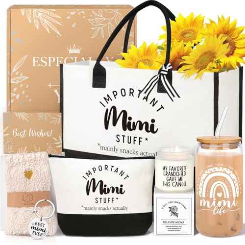 Mimi Gifts, Mothers Day Gifts For Grandma Mimi, Best Grandmother Gift Set from Granddaughter Grandkids - Unique Canvas Tote Bag Makeup Bag 16oz Glass Tumbler Care Package for Women