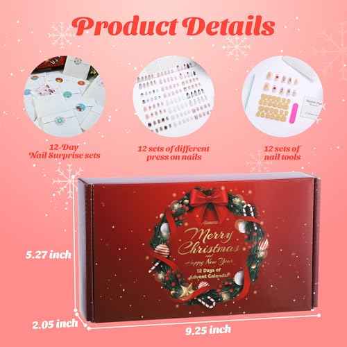 Press on Nail Set 2025 Christmas Advent Calendar 12 Day French Tip Almond Cat Eye Reusable False Nail Xmas Gift for Women New Year M