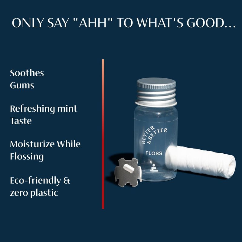 Natural Dental Floss - Refillable Glass Jar | Waxed, Vegan & Eco-Friendly - 100% Plant-Based, 1 Spool