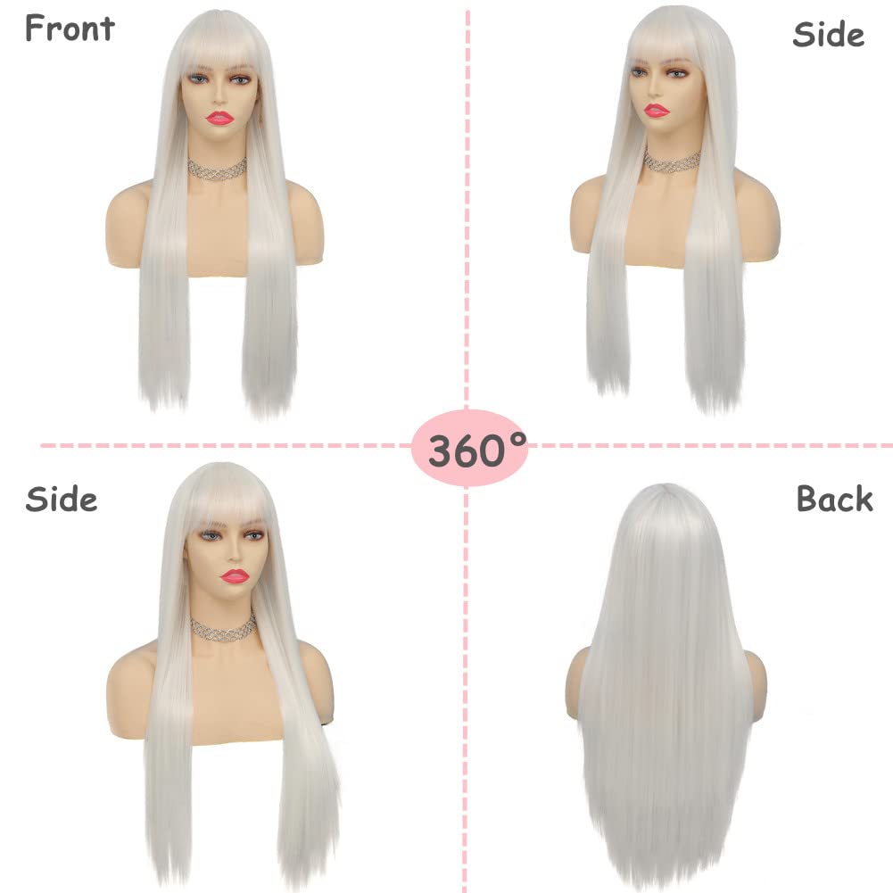 Tseses White Straight Long Wigs for Women with Flat Bangs Synthetic Hair Natural Looking Halloween Cosplay Daily Wig with Wig Cap