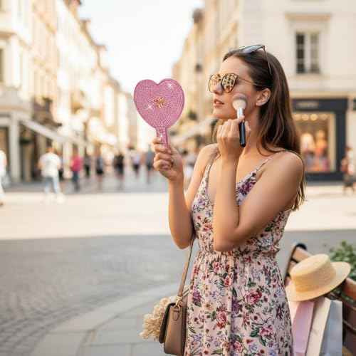 Bling Rhinestone Heart Hand Mirror Pink, Large 7.1x5.1 inch HD Handheld Mirror, Sparkling Cosmetic Vanity Mirror, Lash Mirror Tool for Women Teen Girls Gift